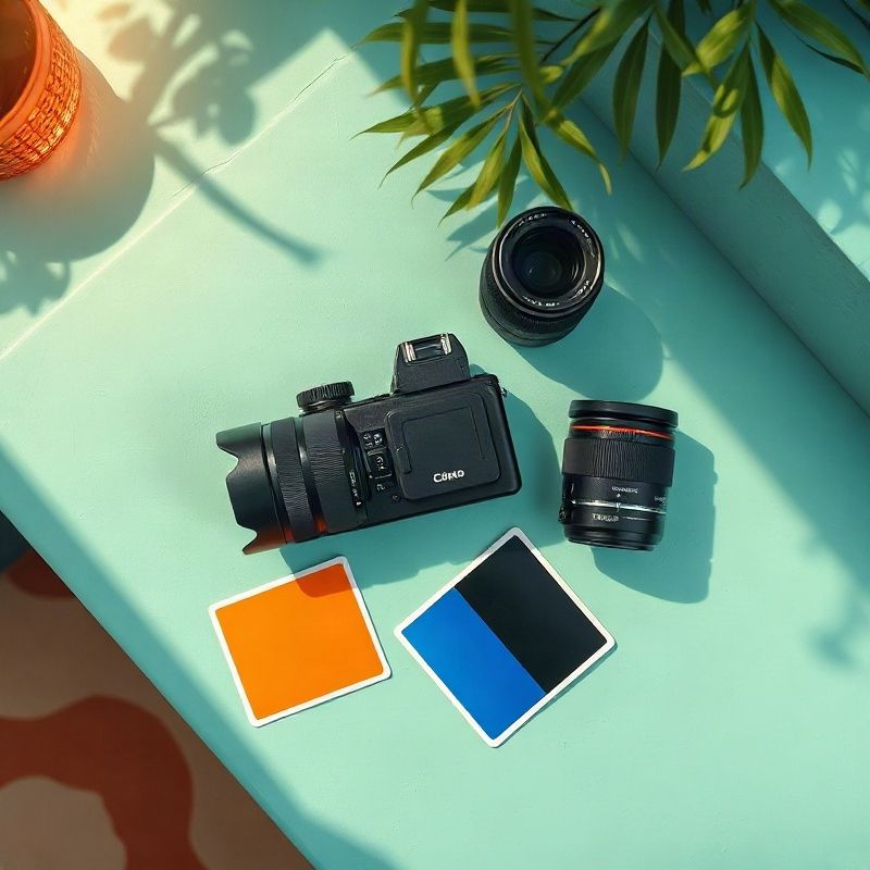 Equipamento fotográfico profissional disposto em flat-lay sobre superfície teal